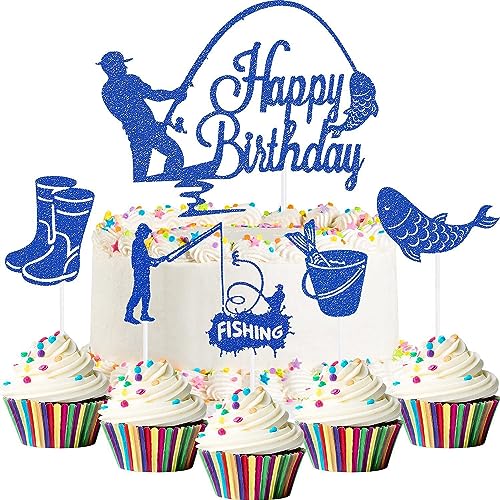 Silars Angler Cake Topper, 6 Stücke Happy Birthday Tortendeko Fische Angeln Kuchen Deko Geburtstag, Angler Tortenaufleger für Kuchen DIY Deko für Jungen Mann Geburtstagsparty (S-Blau) von Silars