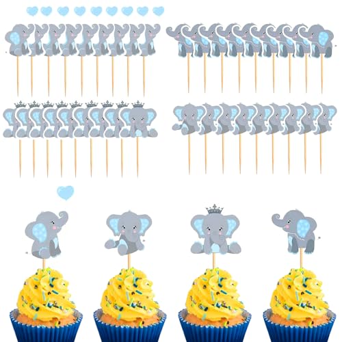 Silars Baby Elefant Cupcake Topper, 36 Stücke Tortendeko Blau Elefanten Deko Geburtstag, Baby Shower Tortenaufleger für Elefanten-Thema Geschlecht offenbart Babyparty Kinder Geburtstag Party Supplies von Silars