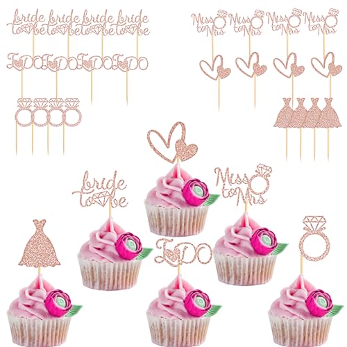 Silars Cupcake Topper Hochzeit, 24 Glitzer Bride to Be Tortendeko Roségold Tortenaufleger Wedding, mit Miss to Mrs, I do, Diamant Ring, Heart and Dress Cake Topper für Brautdusche, Hochzeit Verlobung von Silars