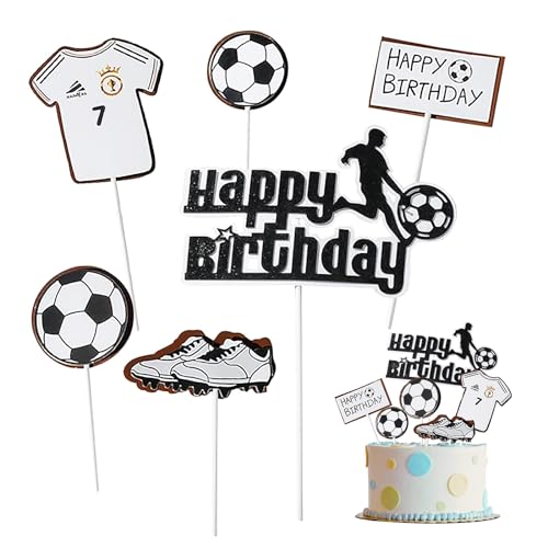 Silars Tortendeko Fussball, 6stk Papier Tortenaufleger Fussball Happy Birthday Tortendeko Cake Topper Geburtstag, Fußball Kuchen Topper für Geburtstagskuchen Dekorationen in Geburtstag Party von Silars