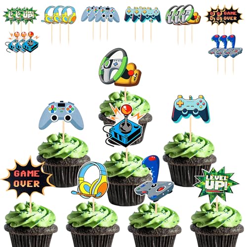 Silars Videospiel Cupcake Topper, 24 Stücke Tortendeko Videospiel Deko Geburtstag Junge, Video Gaming Tortenaufleger für Torte zum Kindergeburtstag Spiel Thema Party von Silars