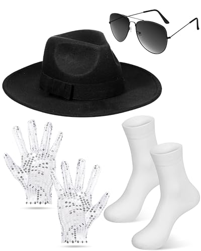 Silicherry 4-teiliges Pop-Kostüm-Set für Erwachsene, Cosplay-Set, schwarzer Hut, Pailletten, Handschuh, Sonnenbrille, weiße Socken für Halloween, Cosplay, Tanzparty von Silicherry