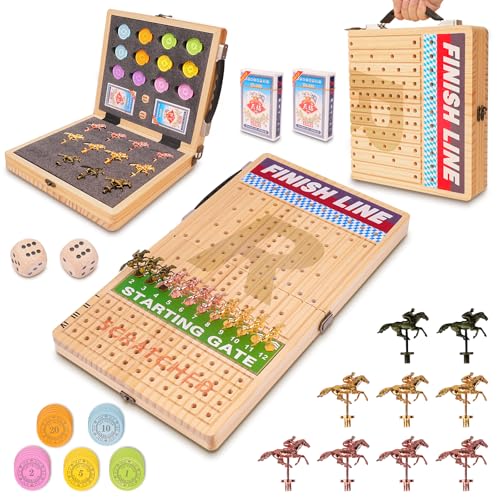 Pferderennen-Brettspiel-Set, 53,3 cm, Natur-Massivholz, 2 Würfel und Karten, 60 Chips, für bis zu 11 Spieler, faltbare Holzbox, Erwachsenen-Familienparty, Spieleabend von Silkchio