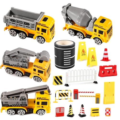 20 Stück Mini Verkehrsschilder Kinder - Baustelle Miniatur Spielzeug Set - mit Bagger, Baustellenfahrzeuge, DIY Klebeband Straße, Straßenzäune, Straßensperre, Warnkegel - Simuliertes Verkehrsspiel von Silkwish