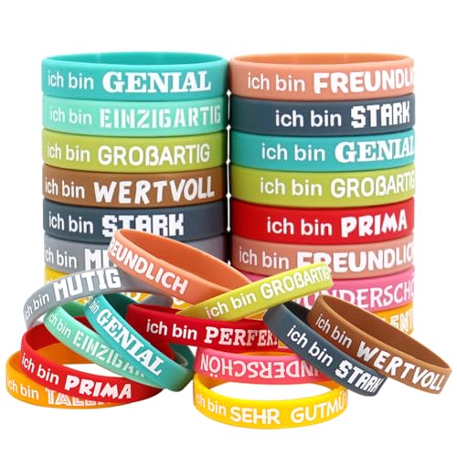 24 Stück Motivationsarmbänder Kinder auf Deutsch - Silikon Armbänder mit Inspirierenden Sprüchen - Motivierendes Silikonarmband - Mutmacher Geschenk - Armband Kinder für abschiedsgeschenk schüler von Silkwish