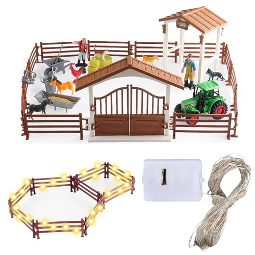 Bauernhof Spielzeug Set - Scheunenhof Spielset - Pferdestall Spielzeug mit LED Licht, Scheune, Traktor Anhänger e Zäune, Bauernhof Lernspielzeug Geschenk für Mädchen Jungen Kinder 3 4 5 6 7 8+ Jahren von Silkwish