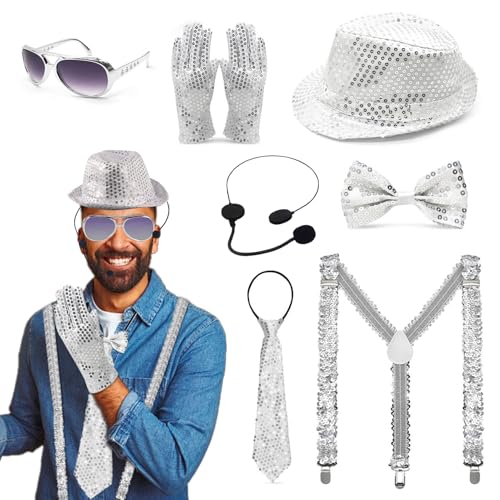 Glitzer Accessoires Herren, Glitzer Outfit Herren mit Paillettenhut Sonnenbrille Handschuhen Fliege Hosenträger Kopfmikrofon, 80er King of Pop Tänzer Sänger Rockstar Cosplay Fasching Party Zubehör von Silkwish