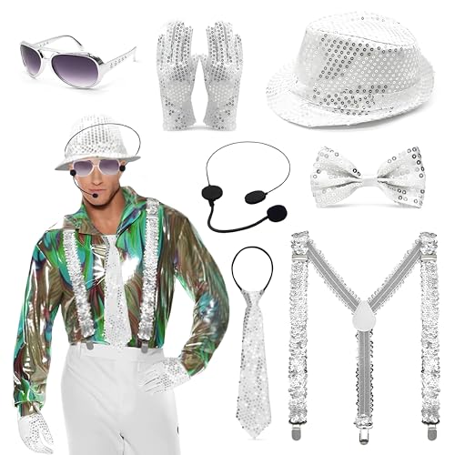 Glitzer Accessoires Herren, Glitzer Outfit Herren mit Paillettenhut Sonnenbrille Handschuhen Fliege Hosenträger Kopfmikrofon, 80er King of Pop Tänzer Sänger Rockstar Cosplay Fasching Party Zubehör Glitzer Accessoires Herren, Glitzer Outfit Herren mit Paillettenhut Sonnenbrille Handschuhen Fliege Hosenträger Kopfmikrofon, 80er King of Pop Tänzer Sänger Rockstar Cosplay Fasching Party Zubehör von Silkwish