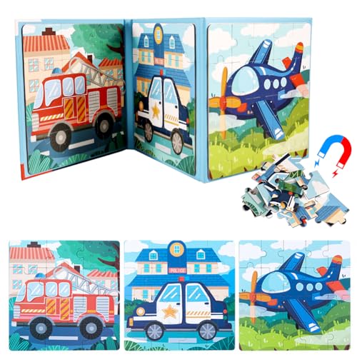 Magnetische Puzzle für Kinder - Fahrzeug Verkehr Magnetische Kinderpuzzle ab 3 Jahre - 12/16/20 Teile Feuerwehrauto,Polizeiauto,Flugzeug Kinderpuzzle - Reisespiele Magnetisch für Kinder im Autofahrt von Silkwish