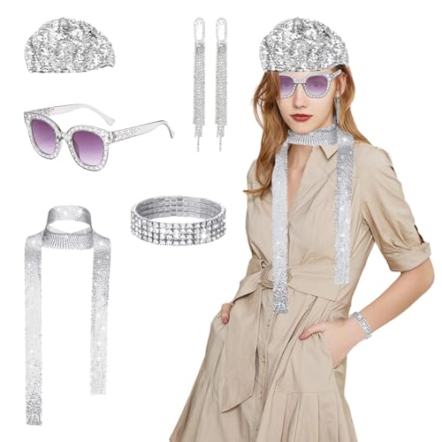 Silkwish 5 Stück Glitzer Disco Accessoires - 70er Jahre Pailletten Kostümzubehör - Bling Baskenmützen Sonnenbrille Schal mit Pailletten - 70er 80er Jahre Outfit Damen für Fasching Karneval - Silber von Silkwish