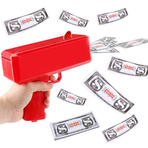 Silkwish Money Gun mit 100 Spielgeld Scheine - Geld Pistole Shooter - Spielzeugpistole Geld für Spielfilme Party sprühen - Requisitenpistole für Schießen Fake Geld - Rot von Silkwish