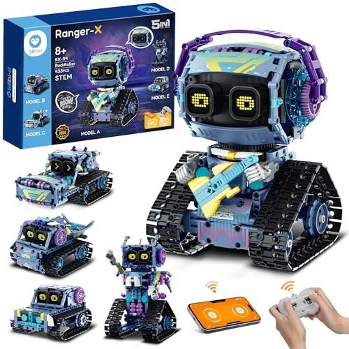 Sillbird Technik Roboter Kinder für Jungen, 5 in 1 Gitarrist-Roboter/Transport/Straßenwalze Programmierbares Bauspielzeug mit Ferngesteuert & App, Kreatives Geschenk für Kinder ab 8+ (433 Stück) von Sillbird