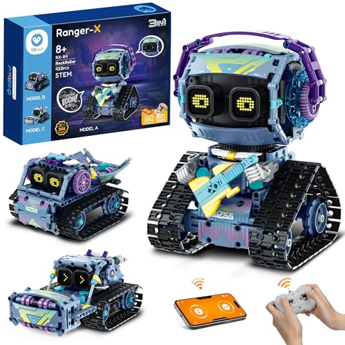 Sillbird Technik Roboter Kinder für Jungen, 3 in 1 Gitarrist-Roboter/Transport/Straßenwalze Programmierbares Bauspielzeug mit Ferngesteuert & App, Kreatives Geschenk für Kinder ab 8+ (433 Stück) von Sillbird