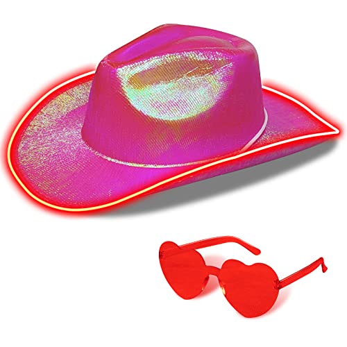 Cowboy Hut für Herren Damen Cowgirl Hut mit Herz Brille LED-Krempe Glitzernd Metallic Hut für Hochzeit Abschlussball Geburtstag Party Halloween Weihnachten Cosplay (Hot Pink) von Silom