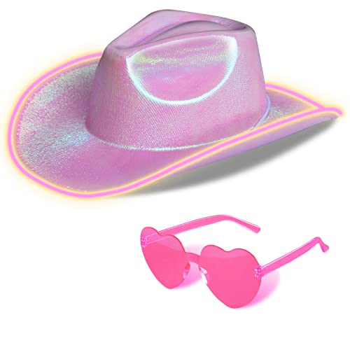 Cowboy Hut für Herren Damen Cowgirl Hut mit Herz Brille LED-Krempe Glitzernd Metallic Hut für Hochzeit Abschlussball Geburtstag Party Halloween Weihnachten Cosplay (Pink) von Silom