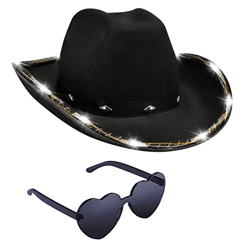 Cowboy Hut für Herren Damen Cowgirl Hut mit Herz Brille LED-Krempe Glitzernd Metallic Hut für Hochzeit Abschlussball Geburtstag Party Halloween Weihnachten Cosplay (Schwarz) von Silom