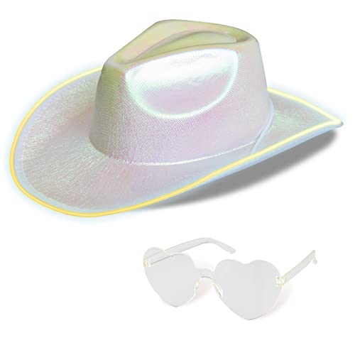 Cowboy Hut für Herren Damen Cowgirl Hut mit Herz Brille LED-Krempe Glitzernd Metallic Hut für Hochzeit Abschlussball Geburtstag Party Halloween Weihnachten Cosplay (Weiß) von Silom