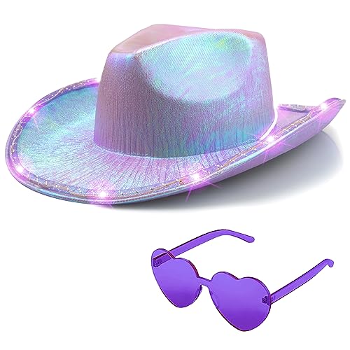 Cowboyhut für Damen, glitzernde Cowgirl-Hüte, Weltraum, Neon-Glitzer, leuchtende Hüte mit Herz, Brille, ausgefallene metallische, holografische Disco, Halloween, Geburtstag, Junggesellinnenabschied von Silom