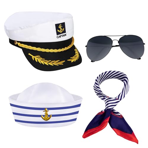 Kapitänsmütze Hut Kapitän Kostüm Set, Yacht Hut Seemanns Kostüm Zubehör mit Matrosenmütze Schal Kapitänsmütze und Sonnenbrille für Halloween Kostüm Erwachsene, Yacht, Boot, Schiff, Seemann, Marine von Silom