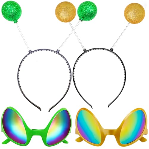 Silom Alien-Stirnband und Brille, Alien-Regenbogen-Linse, Sonnenbrille, Alien-Kostüm, Stirnband, Bopper, Antenne für Erwachsene, Grün + Gold, 4 Stück von Silom