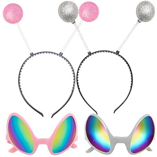 Silom Alien-Stirnband und Brille, Alien-Regenbogen-Linse, Sonnenbrille, Alien-Kostüm, Stirnband, Bopper, Antenne für Erwachsene, Rosa + Silber, 4 Stück von Silom