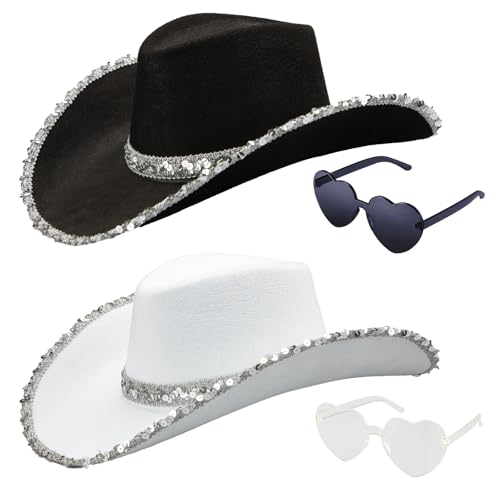 Silom Cowboyhut, 2 Stück, Halloween-Kostüm, Cowgirl-Hut für Damen und Herren, Erwachsene, Western-Kuh-Mädchen-Hut mit Herz, Brille, Kostüm für Junggesellinnenabschied, Schwarz + Weiß von Silom