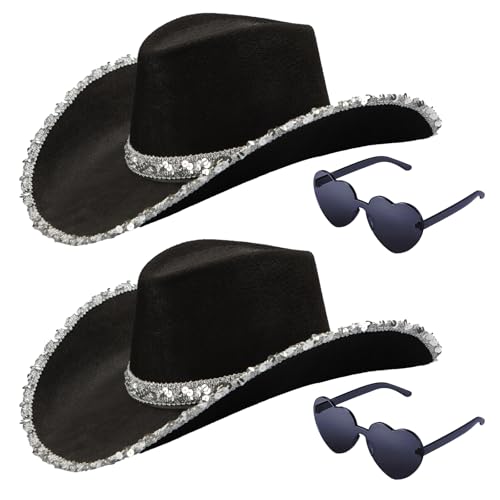 Silom Cowboyhut, 2 Stück, Halloween-Kostüm, Cowgirl-Hut für Damen und Herren, Erwachsene, Western-Kuh-Mädchen-Hut mit Herz, Brille, Kuhmädchen-Kostüm für Junggesellinnenabschied, 2 Stück, schwarz von Silom