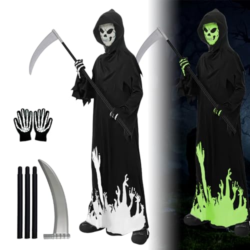 Geisterroben Kostüm mit Sichel, Fairypeach Halloween Verkleidung, Leuchtendes Skelett, Grim Reaper Kinderkostüm, Geist Kinderkostüm, Kinderkostüm Sensenmann, Faschings Kostüme, Ghost Robe (Schwarz-M) von SilverChry