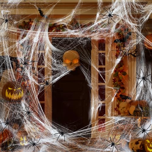 SilverChry Halloween Deko Spinnennetz, 300g Weiß Outdoor Spinnweben Dekoration mit 50 Horror Schwarz Spinnen, 1500m² Indoor Groß Spiderweb Gruselig Decoration für Halloween Deko Outdoor Garten von SilverChry