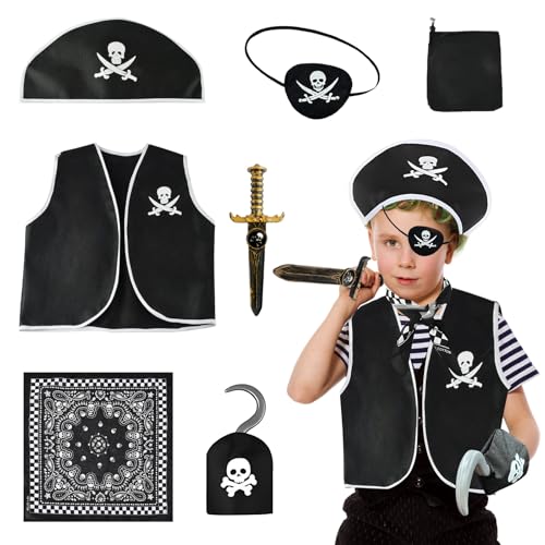 SilverChry Piratenkostüm Kinder 7pcs, Piratenkostüm Zubehör Kinder, Piraten Kostüm Zubehör Set, Piratenkostüme Kinder Karneval, Piraten Kostüm für Jungen Mädchen Karneval Piratenparty von SilverChry