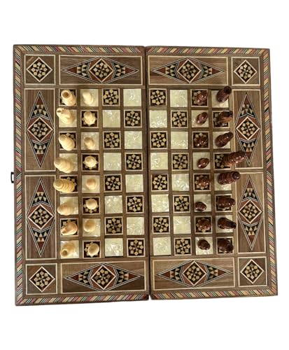 Beautiful Wooden Chess and Backgammon Board with Pieces Mother of Pearl Handmade Artwork Medium Size von Silverback Milano