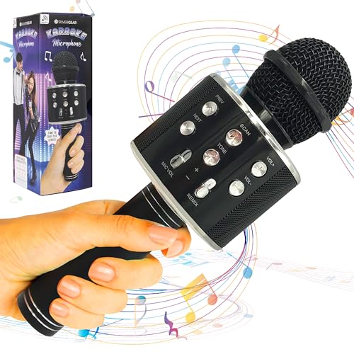 Silvergear® Karaoke Mikrofon Kabellos Schwarz | Bluetooth Lautsprecher | Aufnahmefunktion & Selfie-Modus | 1200mAh Li-ion Batterie | 5-6 Stunden Spielzeit | 3-4 Stunden Ladezeit von Silvergear