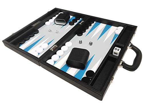 40 x 53 cm Premium-Backgammon-Set - Schwarz mit weißen und astralen blauen Punkten 40 x 53 cm Premium-Backgammon-Set - Schwarz mit weißen und astralen blauen Punkten von Silverman & Co.