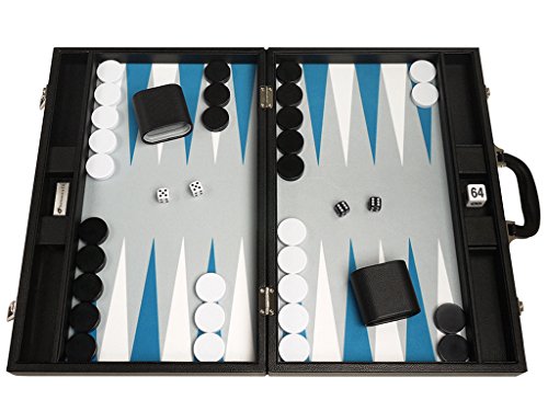 Silverman & Co. 40 cm Backgammon Set – Blaues Kunstleder-Backgammon Koffer, graues Filzfeld, weiße und Blaue Punkte, inkl. Spielsteine, Würfel und Doubling Cube – Tragbar für Zuhause oder Reisen. von Silverman & Co.