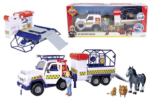 Feuerwehrmann Sam 109252624038 Anhänger Tierrettung, bewegliche Figur Lizzie 7,5 cm und 3 Tierfiguren, Lichteffekte, offizielles lizensiertes Spielzeug aus der Serie von Simba