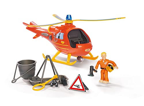 Simba 109252510 - Feuerwehrmann Sam Hubschrauber Wallaby mit Tom Figur, mit Originalsound, Blaulicht, Suchscheinwerfer, Seilwinde, 15cm, ab 3 Jahren, Orange von Simba