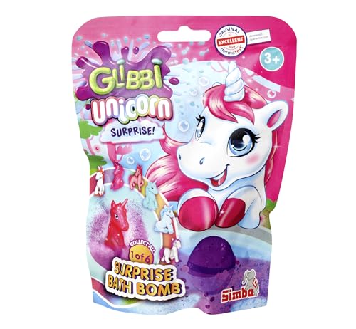 Glibbi Unicorn Surprise, Badebombe in 1 von 3 Farben (pink, lila, Mix) mit Überraschung, 1 von 6 Figuren, 100g, Badespaß ab 3 Jahren von Simba