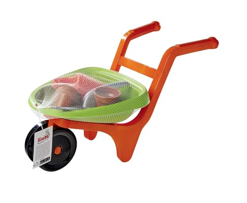 SIMBA 107134718 Kleine Schubkarre mit Gartenwerkzeug, Sandkastenspielzeug, Sandspielzeug, 5 Teile, 46cm von Simba