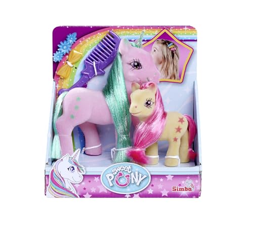 SIMBA 104342647 Kleine Einhorn Familie, 2 Pferde, beflockt, mit Kamm und 2 Haarclips, 10-14cm, ab 3 Jahre, Pink, Hellorange von Simba