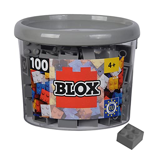 Simba 104114534 - Blox, 100 graue Bausteine für Kinder ab 3 Jahren, 4er Steine, in Dose, hohe Qualität, vollkompatibel mit vielen anderen Herstellern, Grau von Simba