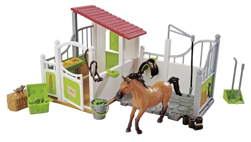 Simba 104342646 Pferdebox und Waschplatz mit Pferd, Pferdestall, Reitstall, 30x19cm, Katze, Sattel, Zaumzeug und Zubehör, ab 3 Jahren von Simba