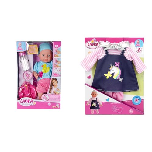 Simba 105010964 - Laura Hungry, Weichkörperpuppe mit Schnuller & Einhorn Fashion, 3 Teile, Kleid mit glitzerndem Einhorndruck, Stirnband und Strumpfhose für 36-43cm Puppen, ab 2 Jahren von Simba