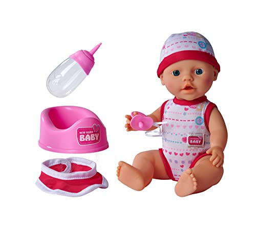 Simba 105037800 - New Born Babyset, 2-Fach Sortiert, es Wird nur EIN Artikel geliefert, Vollvinylpuppe mit Trink- und Nässfunktion, Schnuller, Flasche, Topf und Lätzchen, 30cm, ab 3 Jahren von Simba