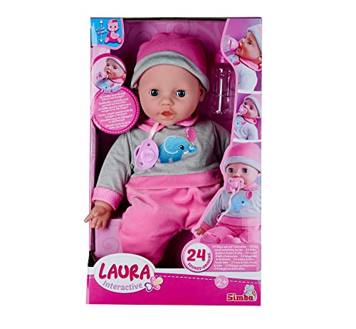 Simba 105140066 - Laura Interactiv, Weichkörperpuppe mit Schlafaugen, brabbelt bei Bewegung, trinkt von Flasche und schläft EIN, 40cm, Babypuppe ab 2 Jahre von Simba