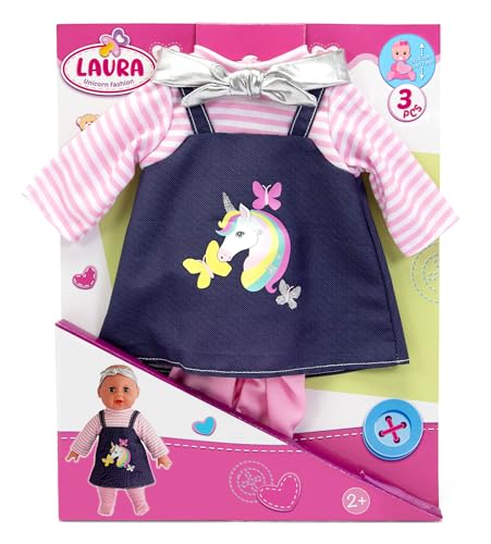 Laura Einhorn Fashion, 3 Teile, Kleid mit glitzerndem Einhorndruck, Stirnband und Strumpfhose für 36-43cm Puppen, ab 2 Jahren von Simba