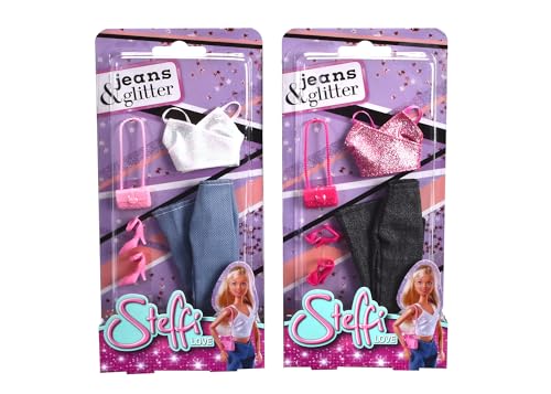 Steffi Love Jeans & Glitter, 2-fach sortiert, es wird nur ein Artikel geliefert, Glittertop mit Jeans und Fashion Zubehör, für 29cm Ankleidepuppen, ohne Puppe, ab 3 Jahren von STEFFI LOVE