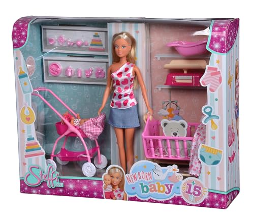 Simba 105730861 - Steffi Love New Born Baby Set, Spielpuppe mit Baby, Kinderwagen, Wanne und Wiege, 18 Teile, Zubehör, 29cm, ab 3 Jahre von Simba