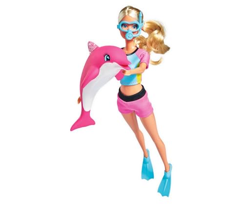 Simba 105733201 - Steffi Love Dolphin Fun, im Tauchanzug, mit Taucherbrille und Schwimmflossen, mit Delfin zum Spielen, Ankleidepuppe, 29cm, für Kinder ab 3 Jahren, Pink von Simba