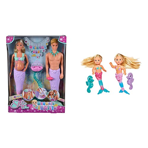 Simba 105733524 - Steffi Love Mermaid Family, ab 3 Jahren & 105733424 - Evi Love Little Mermaid, 2-sort., Evi als Meerjungfrau, bewegliche Schwanzflosse, mit Seepferdchen, 12cm,ab 3 Jahren von Simba