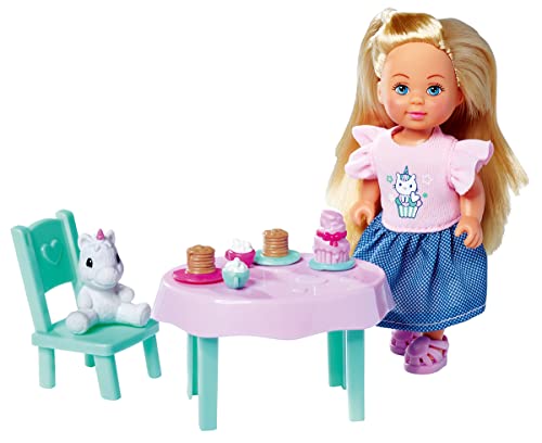 Simba 105733600 - Evi Love Cake Time, 12cm Spielpuppe, mit Kuscheltiere, Kaffee trinken und Kuchen essen am Tisch, ab 3 Jahren von Simba